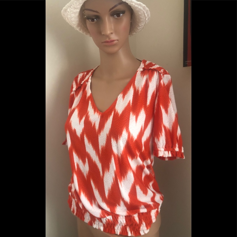 Michael Kors orange white ikat blouse